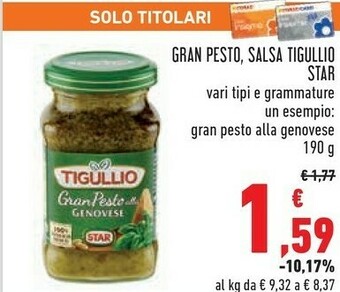 Conad Tigullio Gran Pesto Pomodori Secchi E Pistacchi 190 G(ml) offerta