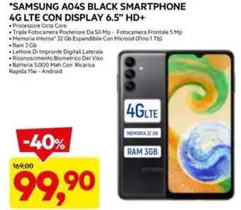 DPiù *SAMSUNG A04S BLACK SMARTPHONE 4G LTE CON DISPLAY 6.5" HD+ offerta