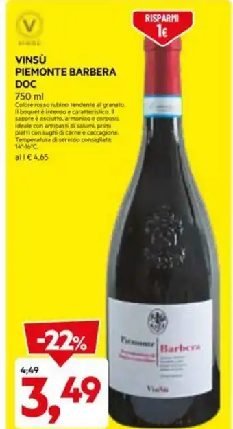 DPiù VINSÙ PIEMONTE BARBERA DOC 750 ml offerta