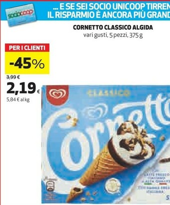 Coop Algida Cornetto Classico Con Latte Fresco Italiano Di Alta Qualità 75 G 375 G(ml) offerta
