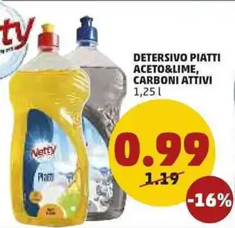 PENNY Netty Detersivo Piatti Aceto & Lime, Carboni Attivi 1,25l offerta