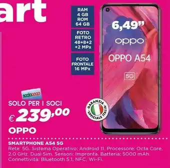Ipercoop Oppo A54 5G A54 Smartphone 5G, 193g, Display 6.5" FHD+ 90Hz, 4 Fotocamere 48MP, RAM 4GB ESPANDIBILE FINO A 7GB+ROM 64GB, Batt offerta