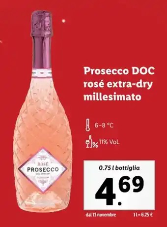 Lidl Prosecco DOC rosé extra-dry millesimato 0.75 l bottiglia offerta