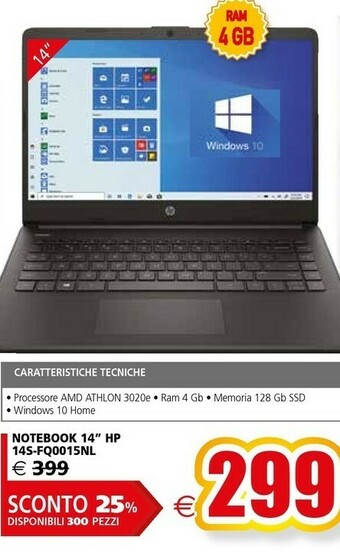Il Gigante HP 14s-fq0015nl Computer Portatile 35,6 Cm (14") HD AMD Athlon 4 GB DDR4-SDRAM 128 GB SSD Wi-Fi 5 (802.11ac) Windows 10 Home offerta