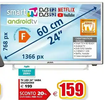 Il Gigante Pasabahce SABA SA24S46A9 TV 61 Cm (24") HD Smart TV Wi-Fi Argento offerta
