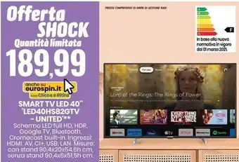 Eurospin United smart tv led 40'' 'led40hs82gtv' offerta