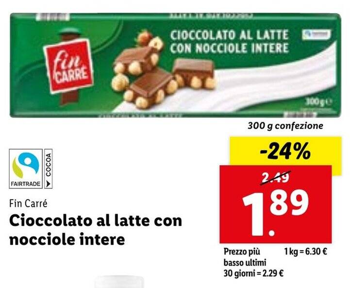 Offerta Fin Carré Cioccolato al latte con nocciole intere 300 g confezione nel volantino di Lidl