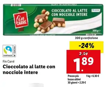 Lidl Fin Carré Cioccolato al latte con nocciole intere 300 g confezione offerta