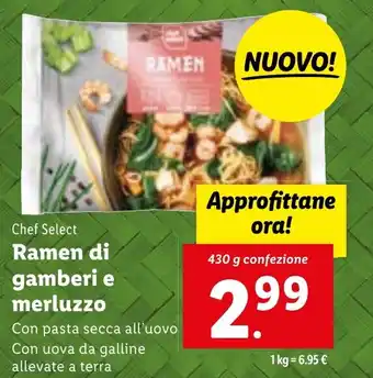 Lidl Chef Select Ramen di gamberi e merluzzo 430 g confezione offerta