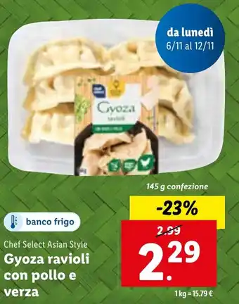 Lidl Chef Select Asian Style Gyoza ravioli con pollo e verza 145 g confezione offerta