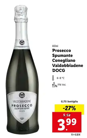 Lidl Allini Prosecco Spumante Conegliano Valdobbiadene DOCG 0,75 l bottiglia offerta
