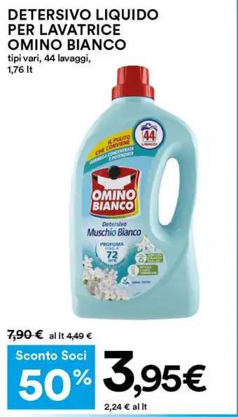 Coop DETERSIVO LIQUIDO PER LAVATRICE OMINO BIANCO tipi vari, 44 lavaggi, 1,76 It offerta