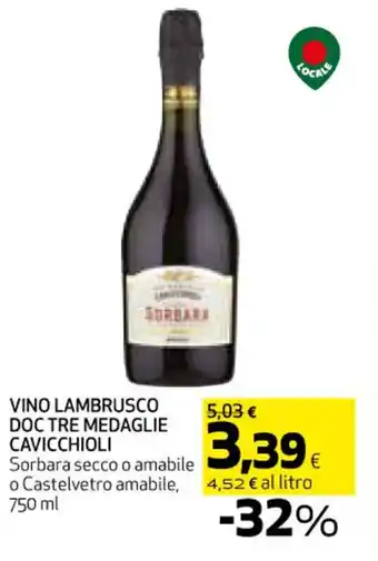 Coop VINO LAMBRUSCO DOC TRE MEDAGLIE CAVICCHIOLI 750 ml offerta