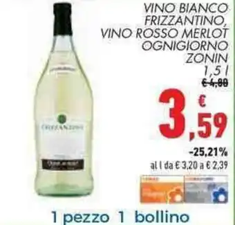 Zonin Vino Bianco Frizzantino, Vino Rosso Merlot Ogni giorno 1,5l