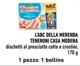 Spazio Conad L'ABC DELLA MERENDA TENERONI CASA MODENA dischetti al prosciutto cotto e crostini, 170 g offerta