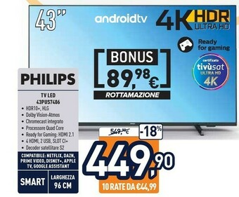 Unieuro Philips 43PUS7406/12 TV 109,2 Cm (43") 4K Ultra HD Smart TV Wi-Fi Nero offerta