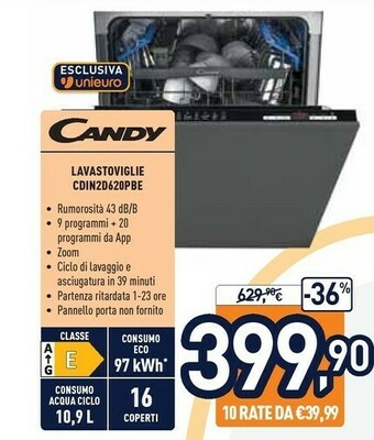 Unieuro Candy Brava CDIN 2D620PB/E Lavastoviglie A Scomparsa Totale 16 Coperti offerta