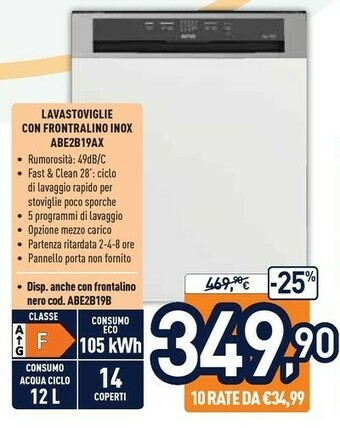 Unieuro Ignis ABE 2B19 A X Lavastoviglie A Scomparsa Parziale 14 Coperti offerta