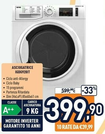 Unieuro Ignis Asciugatrice IGDG920IT offerta