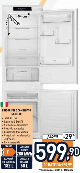 Unieuro Ignis IGC18 T311 Frigorifero Con Congelatore Da Incasso 250 L F Bianco offerta