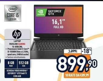 Unieuro HP Pavilion Gaming 16-a0043nl Computer Portatile 40,9 Cm (16.1") Full HD Intel® Core™ I5 Di Decima Generazione 8 GB DDR4-SDRA offerta