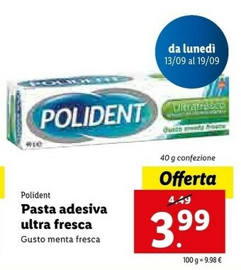 Lidl Polident Pasta Adesiva Ultra Fresca Gusto Menta Fresca 100 G offerta