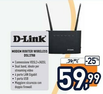 Unieuro D Link D-Link DSL-3788 Router Wireless Dual-band (2.4 GHz/5 GHz) Gigabit Ethernet Nero offerta