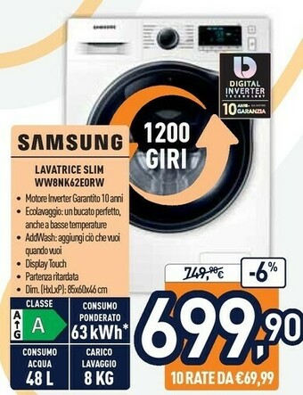 Unieuro Samsung WW8NK62E0RW Lavatrice Libera Installazione Caricamento Frontale 8 Kg 1200 Giri/min C Bianco offerta