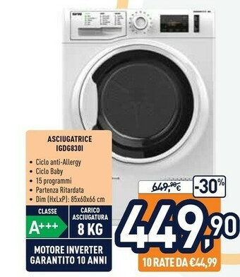 Unieuro Ignis Asciugatrice IGDG830I offerta