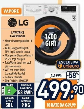 Unieuro LG F4WV509S1 Lavatrice Libera Installazione Caricamento Frontale Bianco 9 Kg 1400 Giri/min A+++ offerta