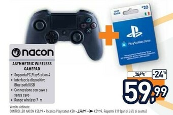 Unieuro Nacon Asymmetric Wireless Gamepad PC,PlayStation 4 Analogico/Digitale Bluetooth/USB Nero offerta