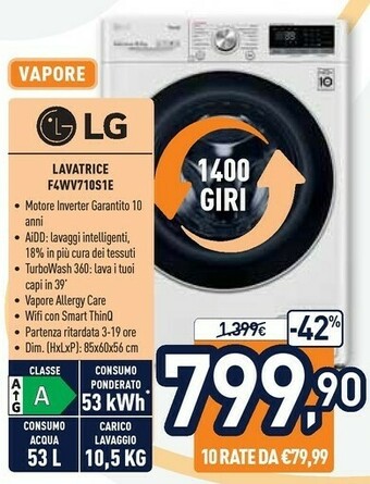 Unieuro LG F4WV710S1E Lavatrice Libera Installazione Caricamento Frontale 10,5 Kg 1400 Giri/min A Bianco offerta