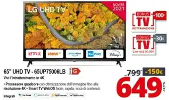 Comet LG 65" UHD TV - 65UP75006LB offerta