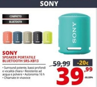 Comet Sony Speaker Portatile Bluetooth SRS-XB13 offerta