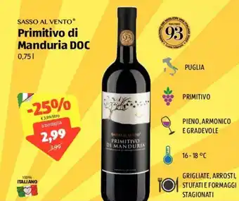 ALDI Sasso Al Vento Primitivo Di Manduria DOC 0.75 l offerta