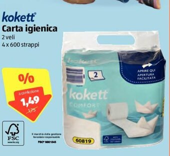 ALDI Kokett Carta Igienica 2 veli 4 x 600 Strappi offerta