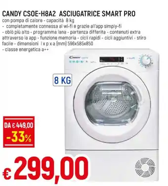 Famila Superstore CANDY CSOE-H8A2 ASCIUGATRICE SMART PRO con pompa di calore - capacità 8 kg offerta