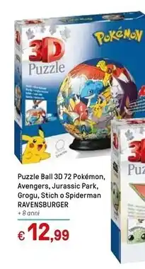 Iper La Grande Ravensburger puzzle ball 3d 72 pokémon, avengers, jurassic park, grogu, stich o spiderman offerta