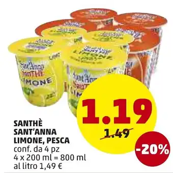 PENNY Santhè Sant'Anna Limone, Pesca 4 x 200 ml offerta