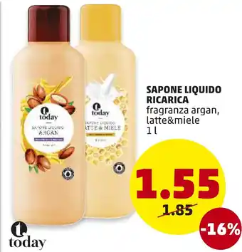 PENNY Sapone Liquido Ricarica Fragranza argan, Latte & Miele 1 L offerta