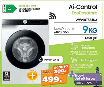 Expert Samsung WW90T534DAE 9 Kg Ecodosatore Ai Control Libera Installazione Caricamento Frontale 1400 Giri/min Bianco offerta