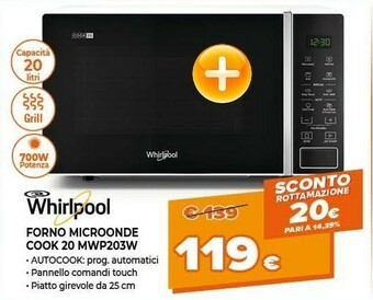 Expert Whirlpool MWP 203 W Superficie Piana Microonde Con Grill 20 L 700 W Nero, Bianco offerta