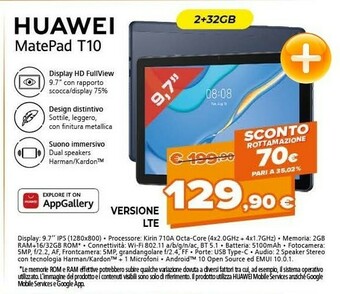 Expert Huawei MatePad T 10 4G LTE 32 GB 24,6 Cm (9.7") Hisilicon Kirin 2 GB Wi-Fi 5 (802.11ac) EMUI 10.1 Blu offerta
