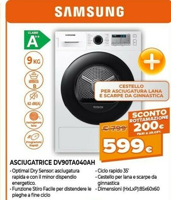 Expert Samsung DV90TA040AH Asciugatrice Libera Installazione Caricamento Frontale Bianco 9 Kg A++ offerta