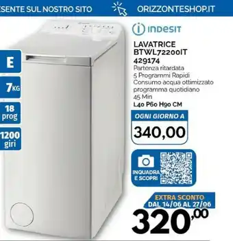 Orizzonte Indesit BTW L72200 IT/N Lavatrice Libera Installazione Caricamento Dall'alto 7 Kg 1200 Giri/min E Bianco offerta