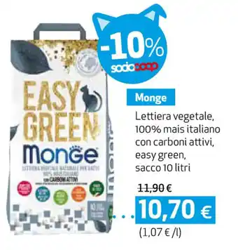 Coop Monge Lettiera vegetale, 100% mais italiano con carboni attivi, easy green, sacco 10 litri offerta