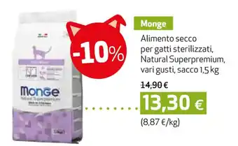 Coop Monge Alimento secco per gatti sterilizzati, Natural Superpremium, vari gusti, sacco 1,5 kg offerta