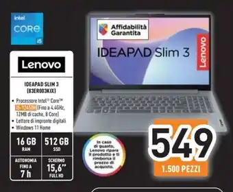 Unieuro Lenovo - ideapad slim 3 (83er003kix) offerta