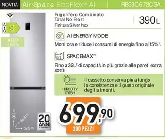 Unieuro Samsung - rb38c672csa frigorifero combinato ecoflex ai libera installazione con congelatore wifi 2m 390 l classe c, inox offerta