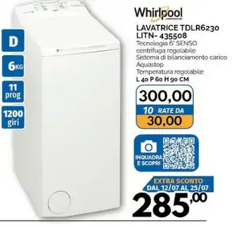 Orizzonte Whirlpool TDLR 6230L IT/N Lavatrice Libera Installazione Caricamento Dall'alto 6 Kg 1200 Giri/min D Bianco offerta